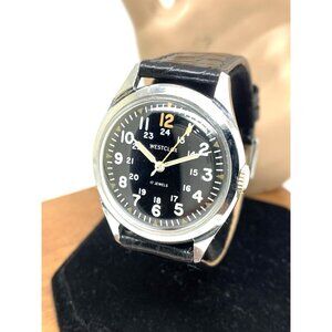 Westclox Men's Watch Military Vintage Mechanical Black Dial Leather Strap 34mm